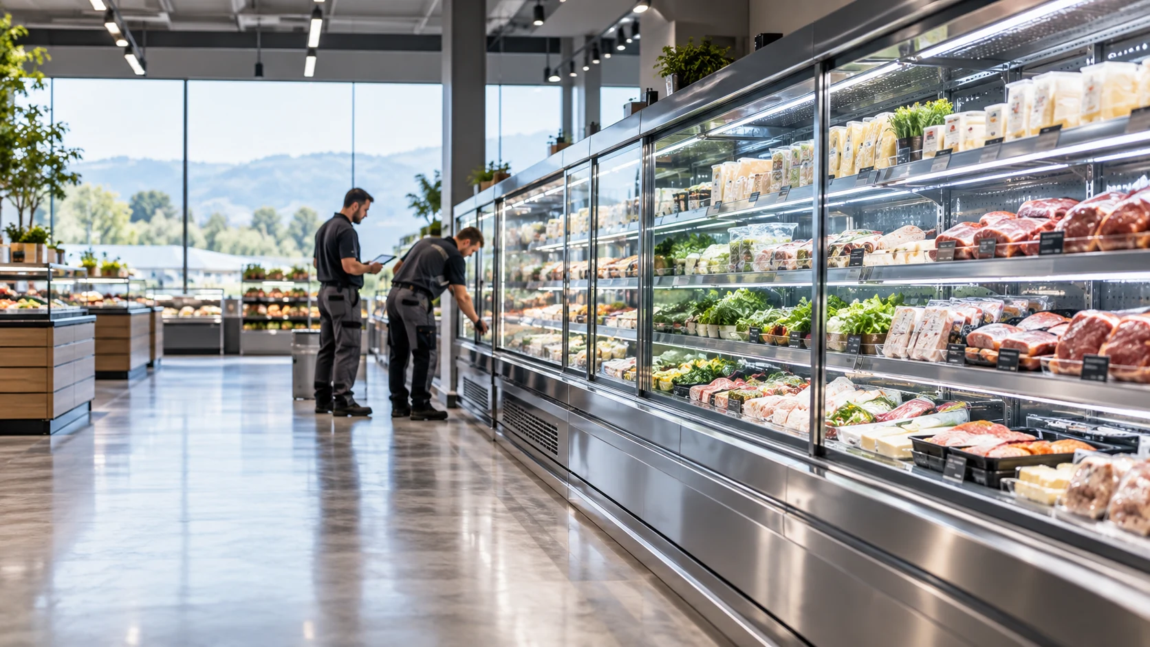 Banchi refrigerati in un supermercato, con due tecnici accanto agli impianti.