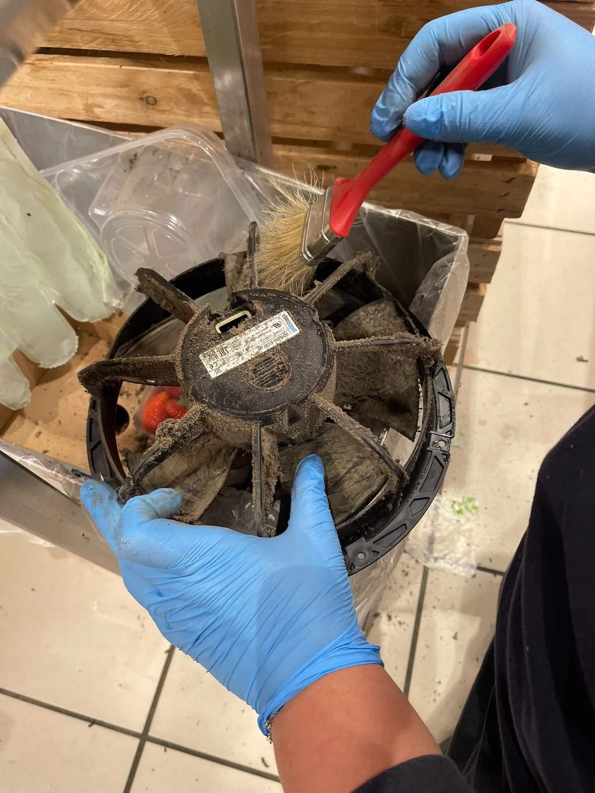 Rimozione dei depositi dalle pale del ventilatore con una spazzola.